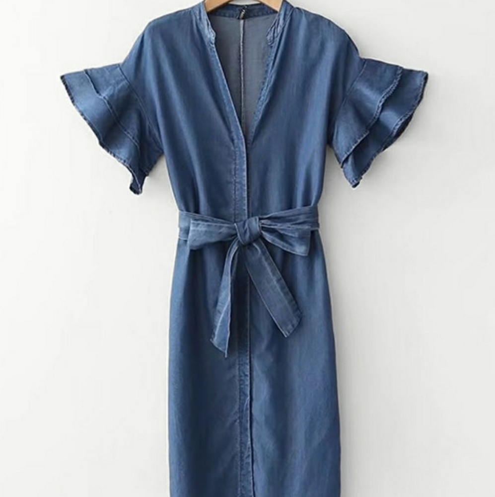 New Tiered Flounce Sleeve Belted Denim Dress
